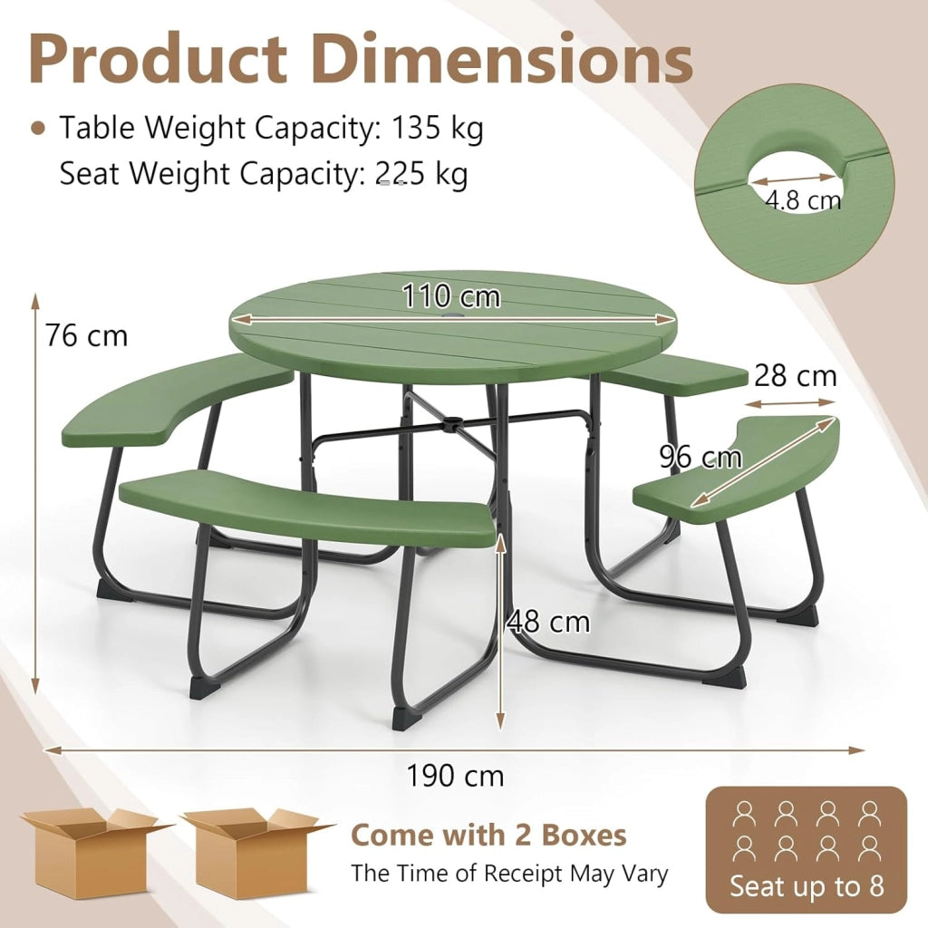 Set da giardino da picnic per 8 persone, tavolo da giardino rotondo con 4 panche, tavolo da birra con foro per ombrellone, set da giardino in HDPE, set per panca da birra (verde)