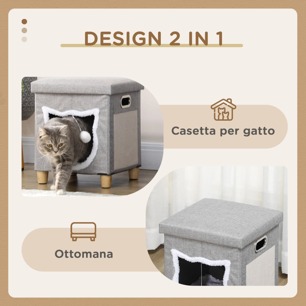 Cuccia a Casetta per Gatti 35,5x35,5x42,5 cm con Tiragraffi in MDF e Poliestere Crema e Grigio
