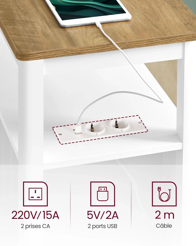 Tavolino laterale con multipresa comodino con 2 cassetti tavolino da caffè piccolo 60 x 35 x 60 cm con ripiano portaoggetti per piccoli spazi bianco 12_0007553