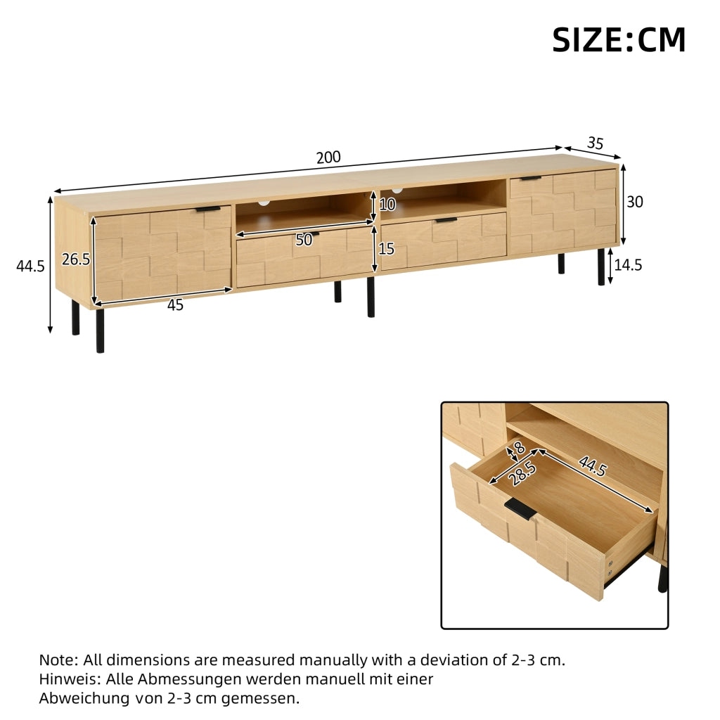 Mobile porta TV con 2 ante, 2 cassetti e 2 vani aperti per soggiorno in MDF e truciolato naturale 200 × 35 × 44,5 cm