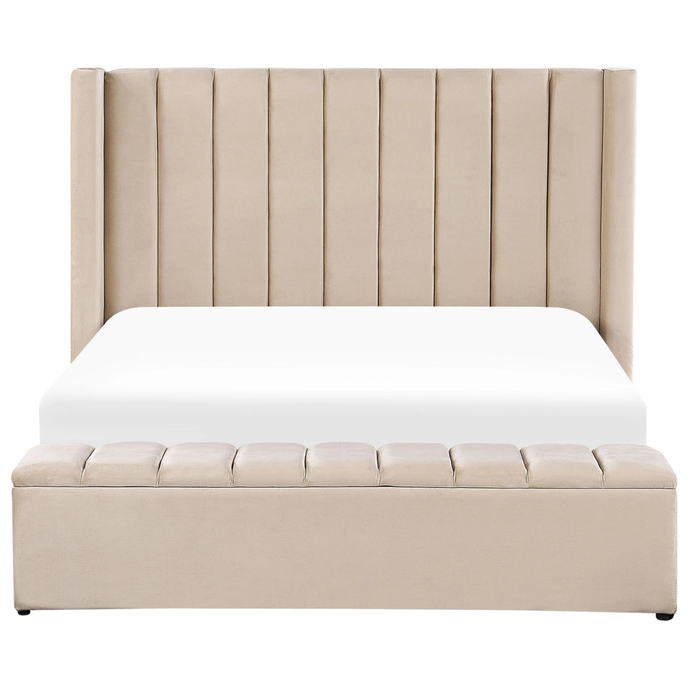 Letto matrimoniale ad acqua in velluto beige con cassapanca 160 x 200 cm moderno glam morbido materasso camera da letto