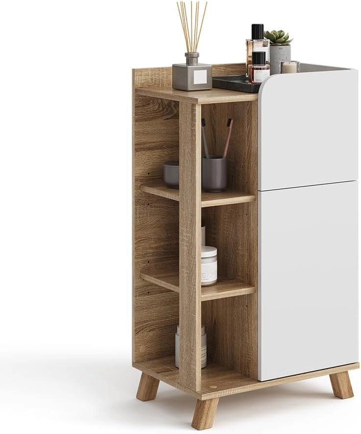 Mobiletto bagno Karen, Sonoma/Bianco, 50 x 90 cm con anta e cassetto, adatto per la conservazione di articoli da bagno e asciugamani