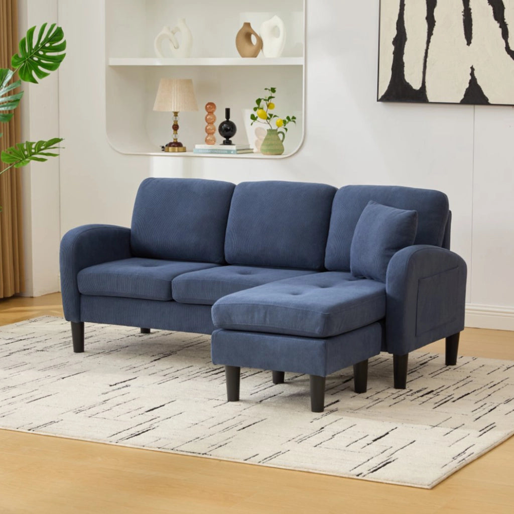 DIVANO angolare modulare 166x118x77 cm in cord Blu con chaise longue