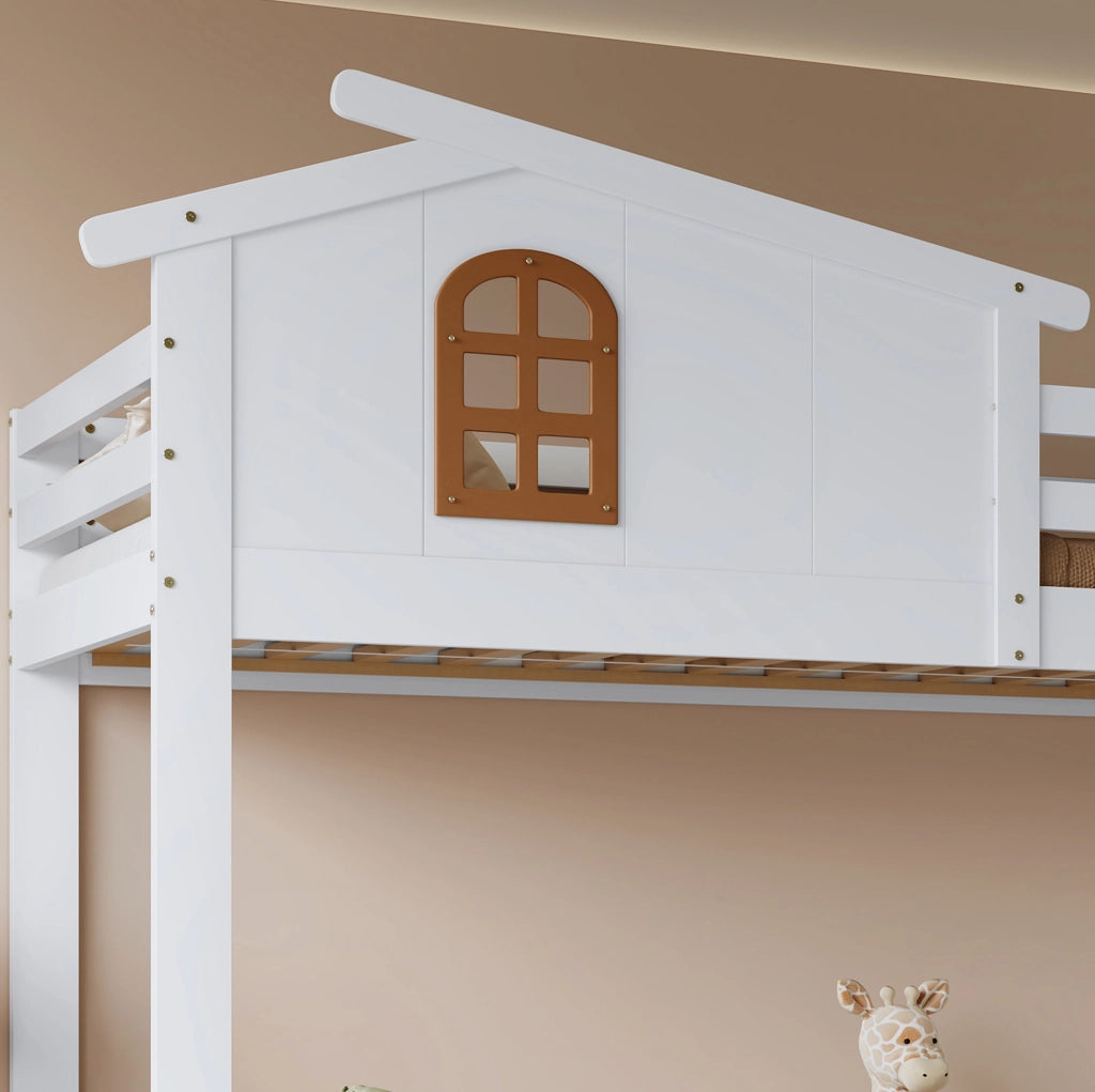Letto a castello per bambini con 2 cassetti e scala ad angolo; per materassi 90x200 cm e 120x200 cm; bianco e naturale