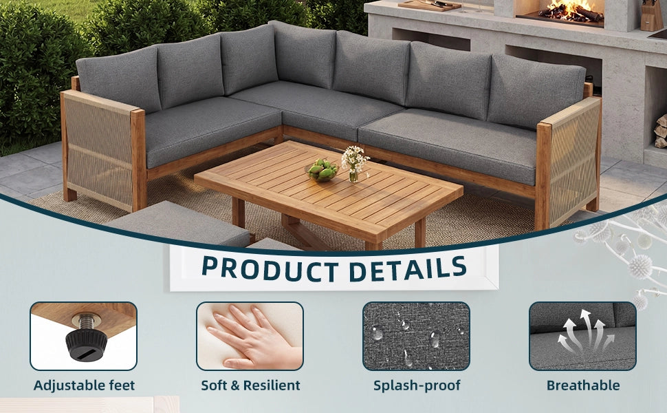 Set Divano Angolare da Giardino 6 Posti in Legno Acacia con Cuscini e Tavolino ¨C MINIMAL ¨C Beige