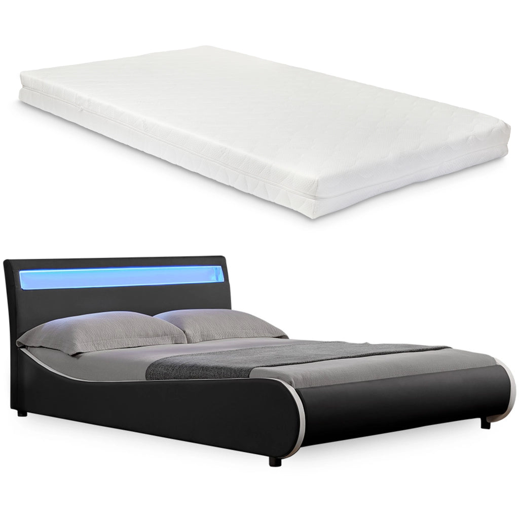 Letto Matrimoniale con Materasso 180x200 cm Testiera Alta con Illuminazione a LED Similpelle Nero Corium