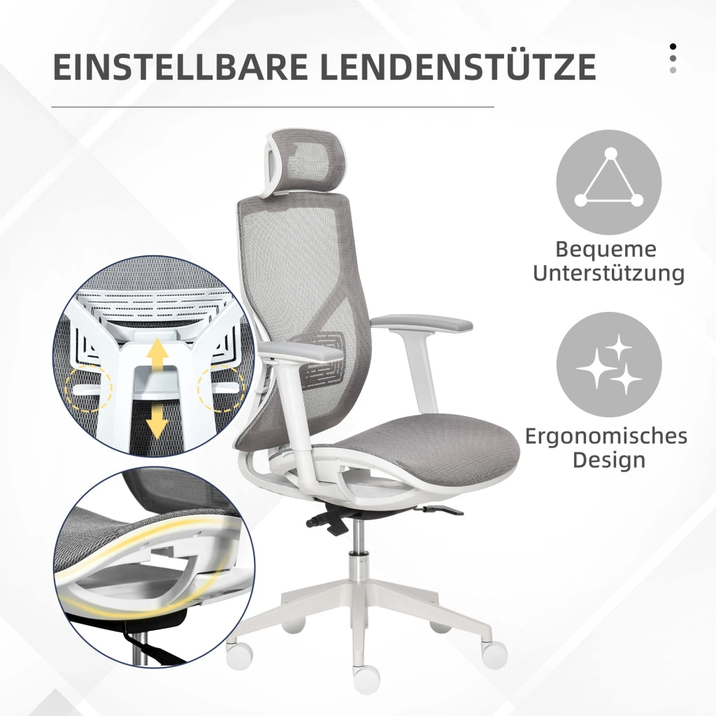 Sedia da ufficio ergonomica con poggiatesta e schienale reclinabile a 3 posizioni in schiuma grigia 67 × 65 × 120-128 cm