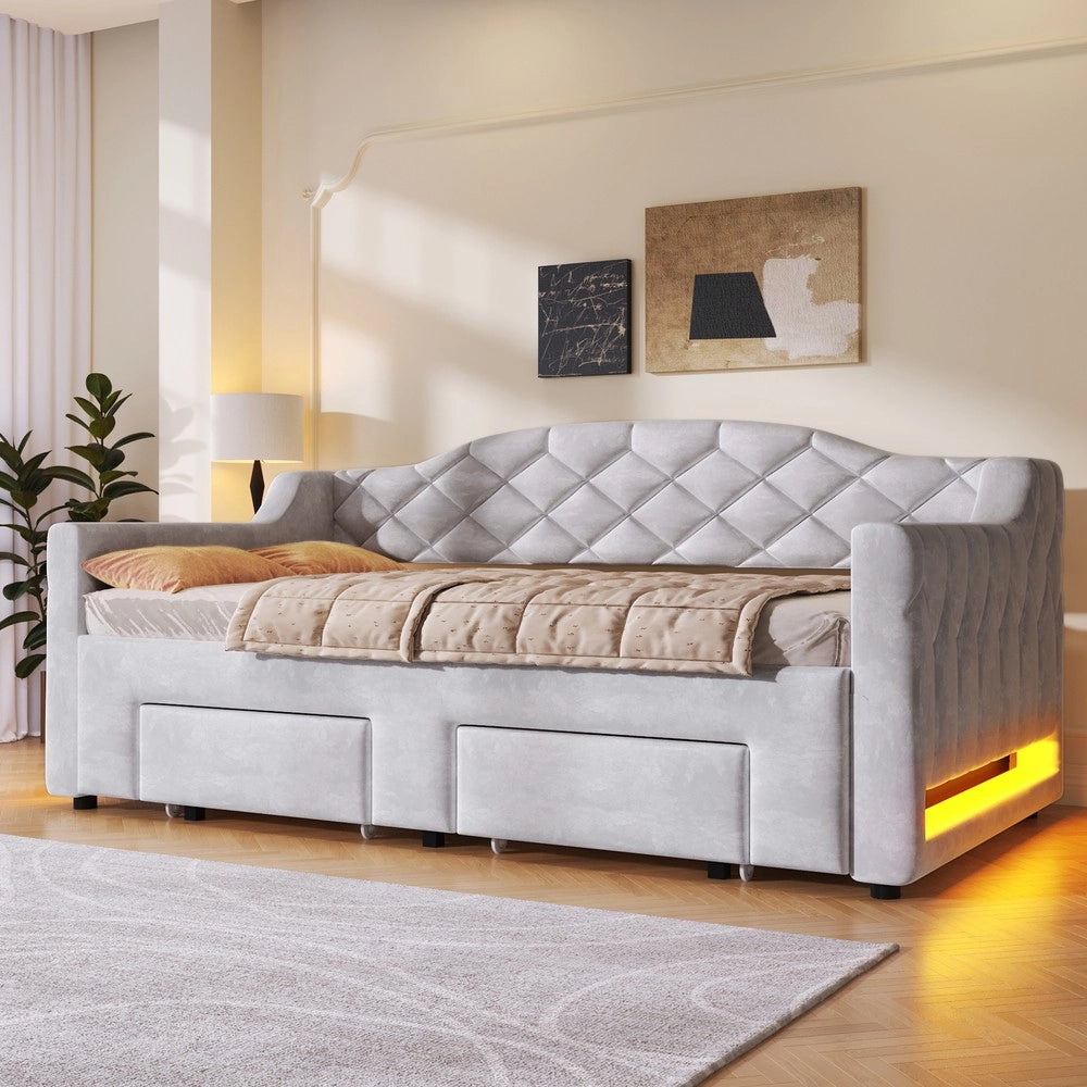 Letto Imbottito con Cassetti e LED ¨C Xylo ¨C Grigio, 90x200-180x200