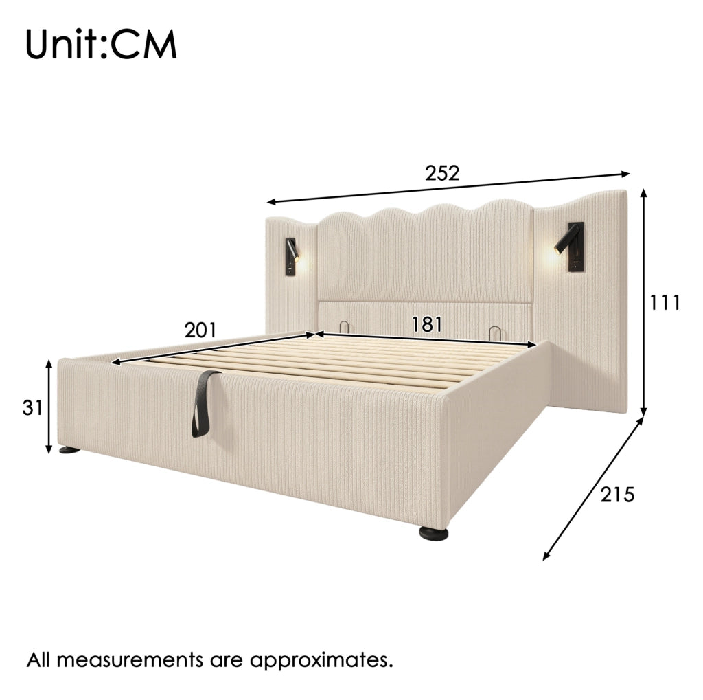 Letto matrimoniale 180x200 cm con testiera ondulata in tessuto corduroy beige; lampada integrata e contenitore
