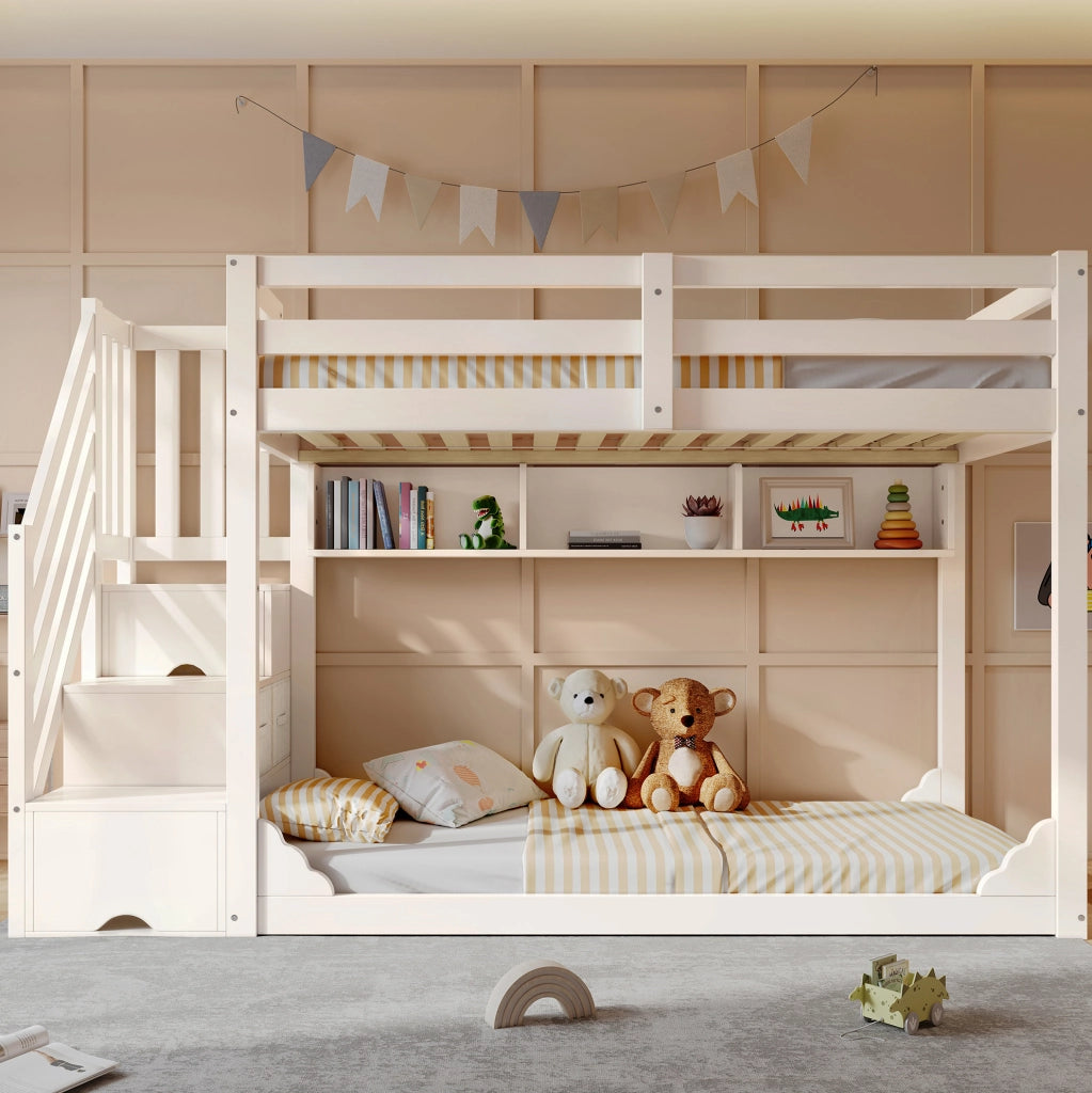 Letto a castello 90x200 cm bianco con scala contenitore