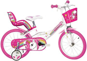 BICICLETTA 14 POLLICI UNICORN BAMBINA CON ROTELLE SEGGIOLINO E CESTINO
