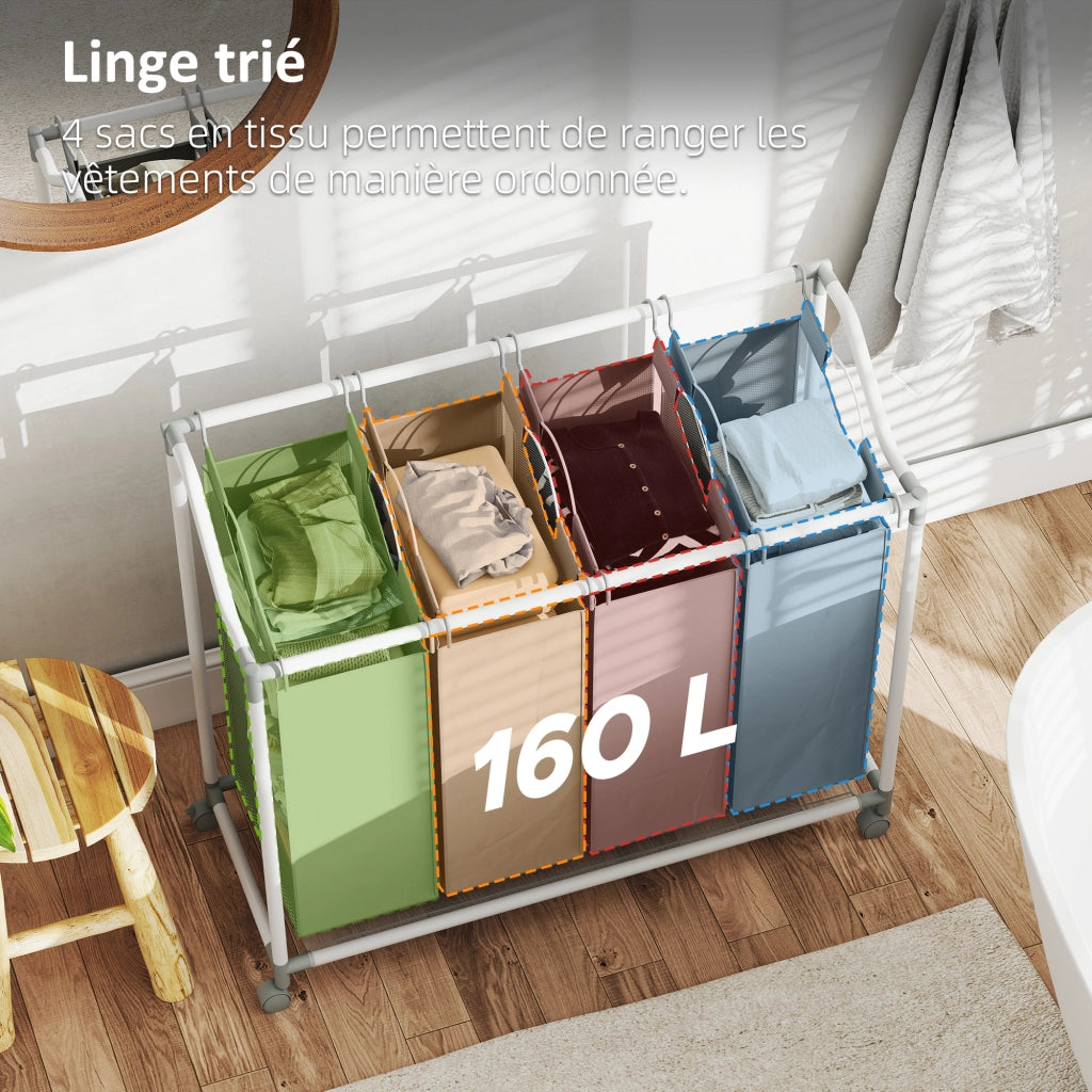 Carrello per bucato mobile con 4 sacchetti ¨C zephmum ¨C grigio 97x38x81 cm