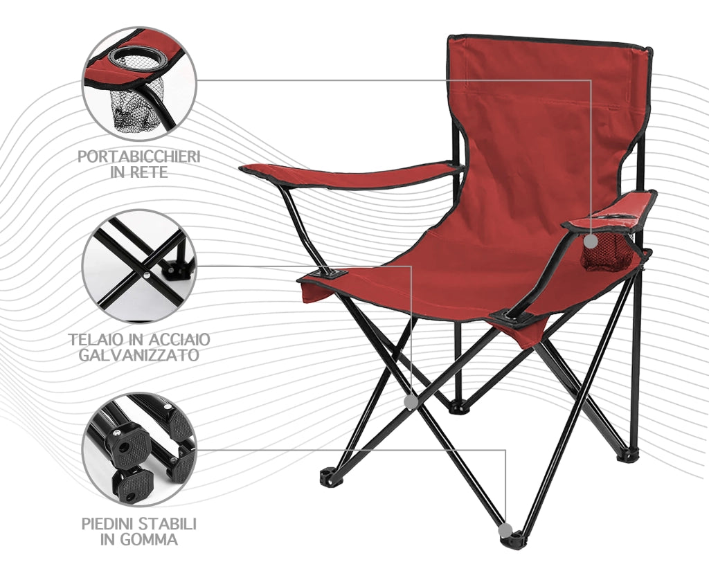 Sedia Camping Pieghevole Struttura In Acciaio Con Tasca PortaBevande Campeggio Sedie Portatile Pescatore SalvaSpazio Impermeabile Antiruggine Vacanze Mare Spiaggia Lettino  Rosso