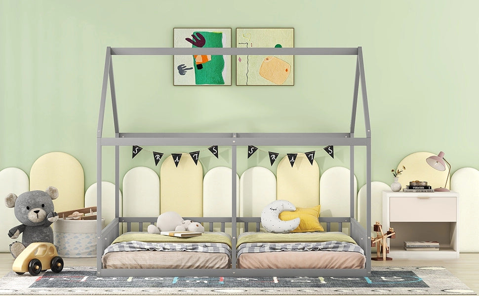 DESMIU Letto per bambini 2 posti con barriere e design a casetta, 90 × 200 cm, senza materasso, pino grigio