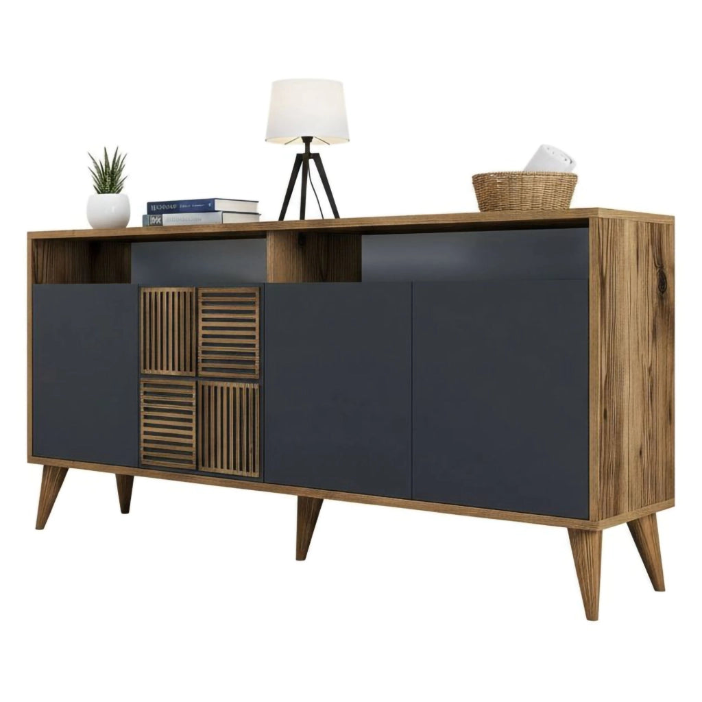 Credenza Garigliano, Buffet da soggiorno, Madia da salotto, Dispensa da cucina, 160x35h79 cm, Noce e Antracite