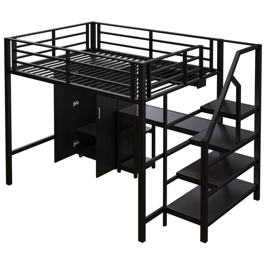 OKWISH Letto a Soppalco 140×200 cm, Letto Matrimoniale con Armadio, Scaffali, Scala con Vani e Scrivania, senza Materasso, Metallo, Nero
