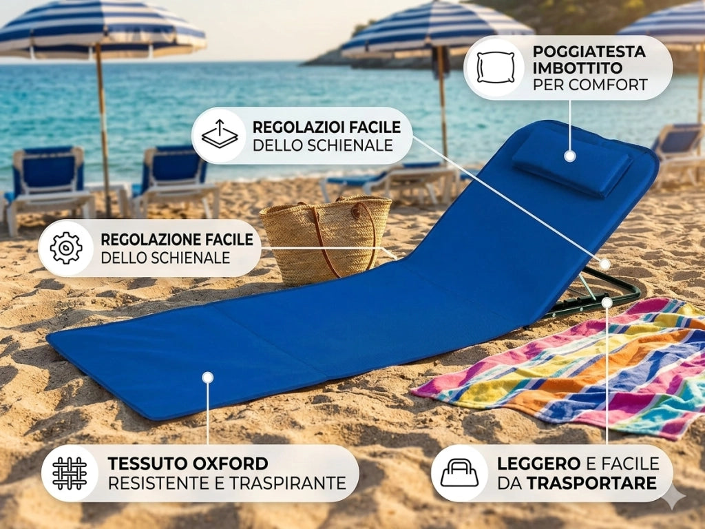 Stuoia Lettino da Spiaggia Rodi 49x170x26 cm Schienale Regolabile in Tessuto Oxford Azzurro