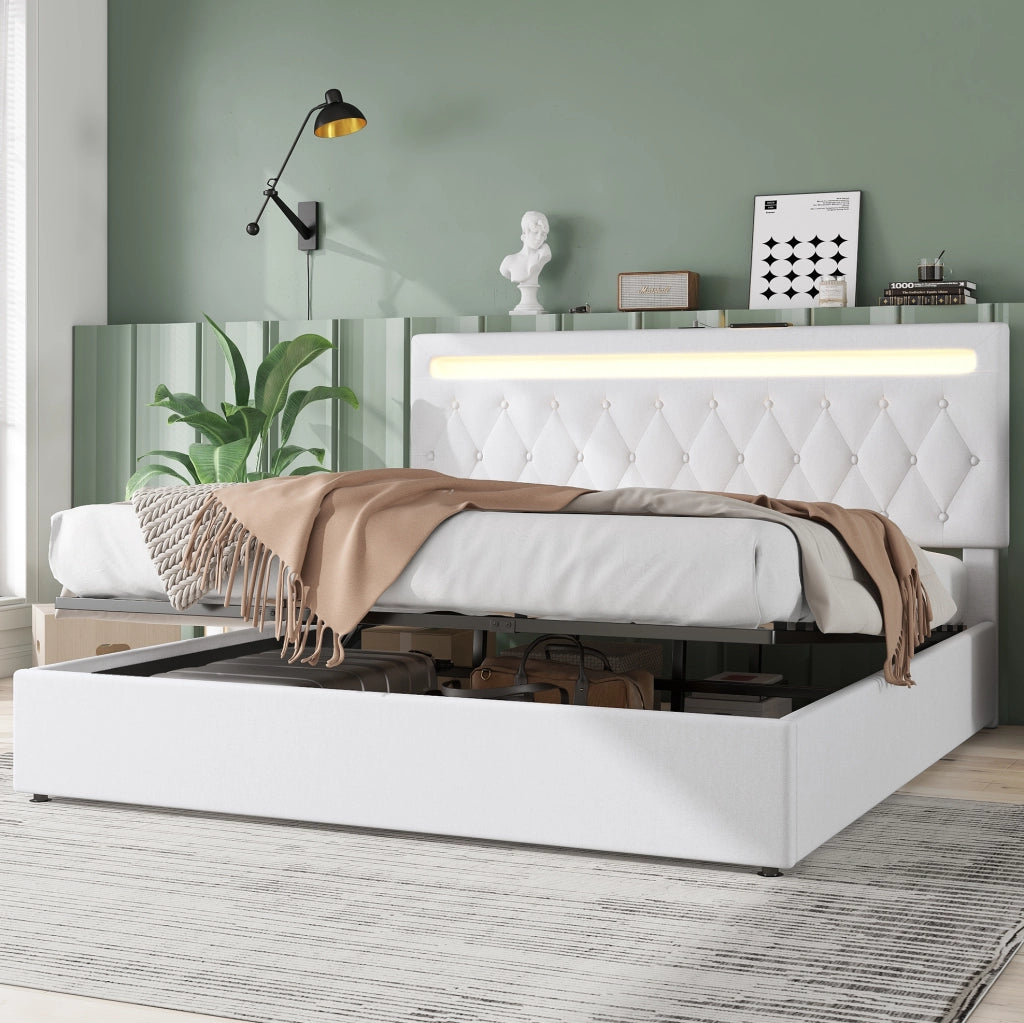 Letto matrimoniale imbottito 180x200 cm con LED, USB e vano contenitore