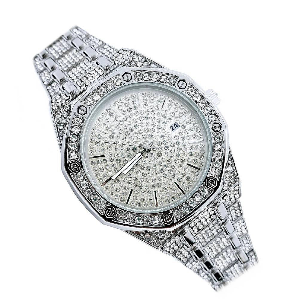 Trade Shop - Orologio Polso Acciaio Strass Analogico Brillantini Calendario Elegante Silver -