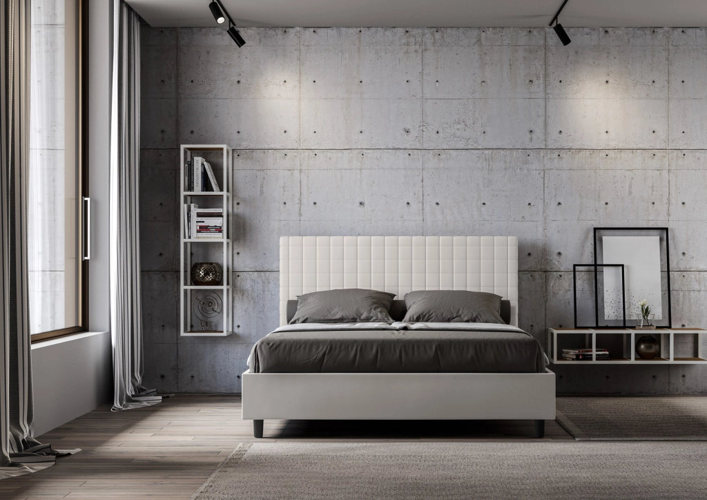 Letto Matrimoniale 160x210 cm con Rete e Contenitore con Testata e Alzata Comoda Imbottito in Similpelle Sunny Bianco