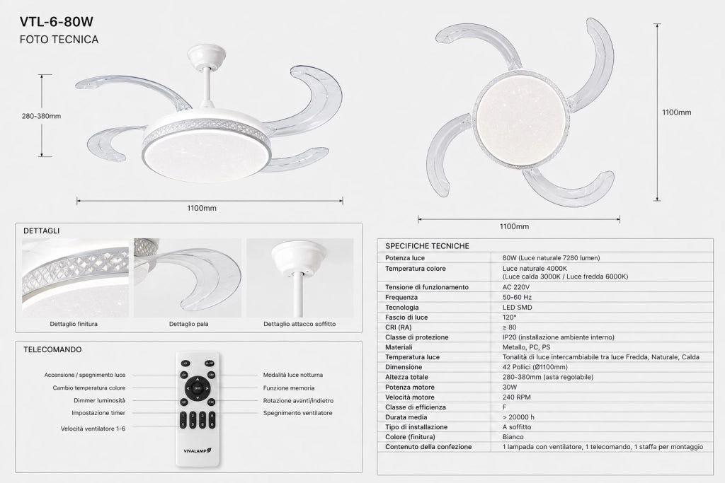 Ventilatore da Soffitto LED 80W 42" con 4 Pale Retrattili, Telecomando, Luce Dimmerabile Calda Naturale Fredda - Bianco