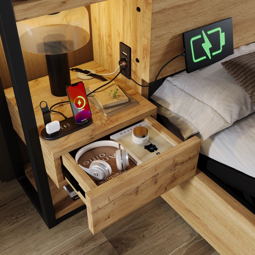 Letto matrimoniale 180x200 cm con contenitore, comodini e ricarica USB/Type-C