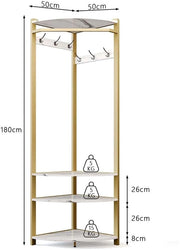 Kapstok - Kapstok Staand - Con Plankjes - Opbergruimte - 6 Doppie Haken - 90° Design angolare - 50 x 50 x 181 cm - Colore Oro