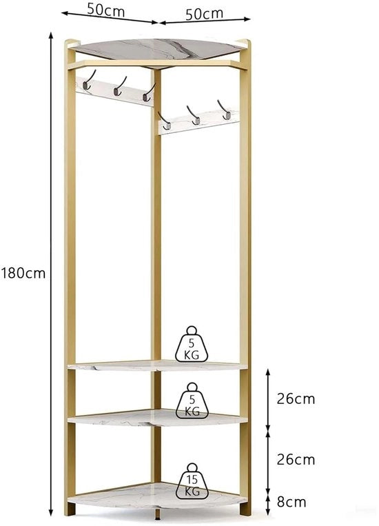 Kapstok - Kapstok Staand - Con Plankjes - Opbergruimte - 6 Doppie Haken - 90° Design angolare - 50 x 50 x 181 cm - Colore Oro