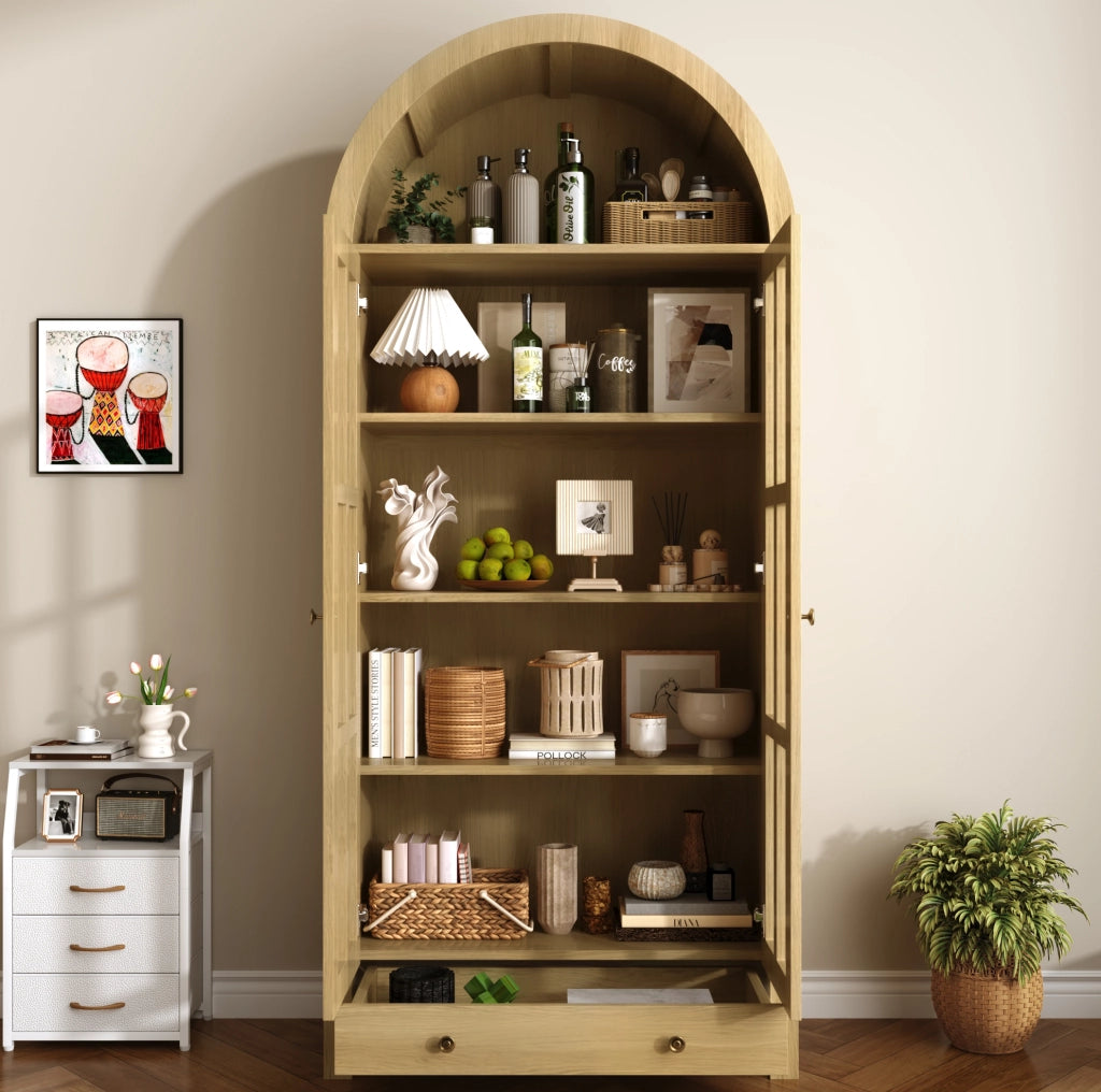 Vetrina ad arco da terra 75x35x170;5 cm in MDF naturale con ante in acrilico e cassetto