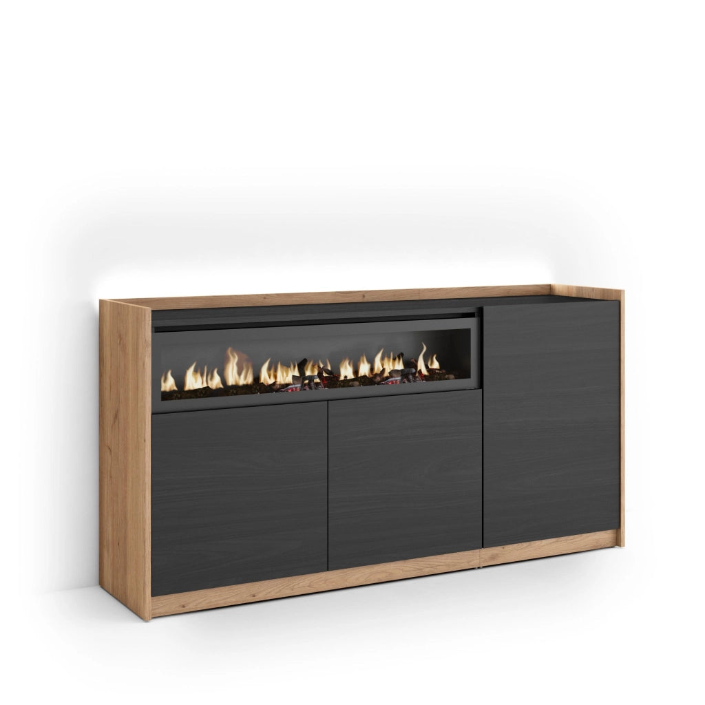 Credenza, Mobile, Cucina, 156x80x37 cm, 3 Porte, Camino elettrico, LED, Nero e rovere