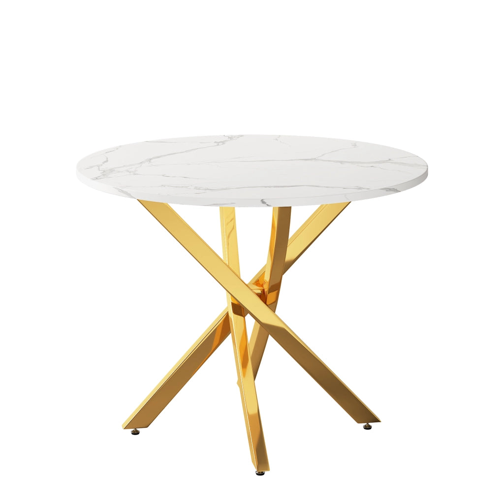Tavolo da pranzo - rotondo 80x80x75 cm - effetto marmo - gambe dorate - oro+bianco - minimalista