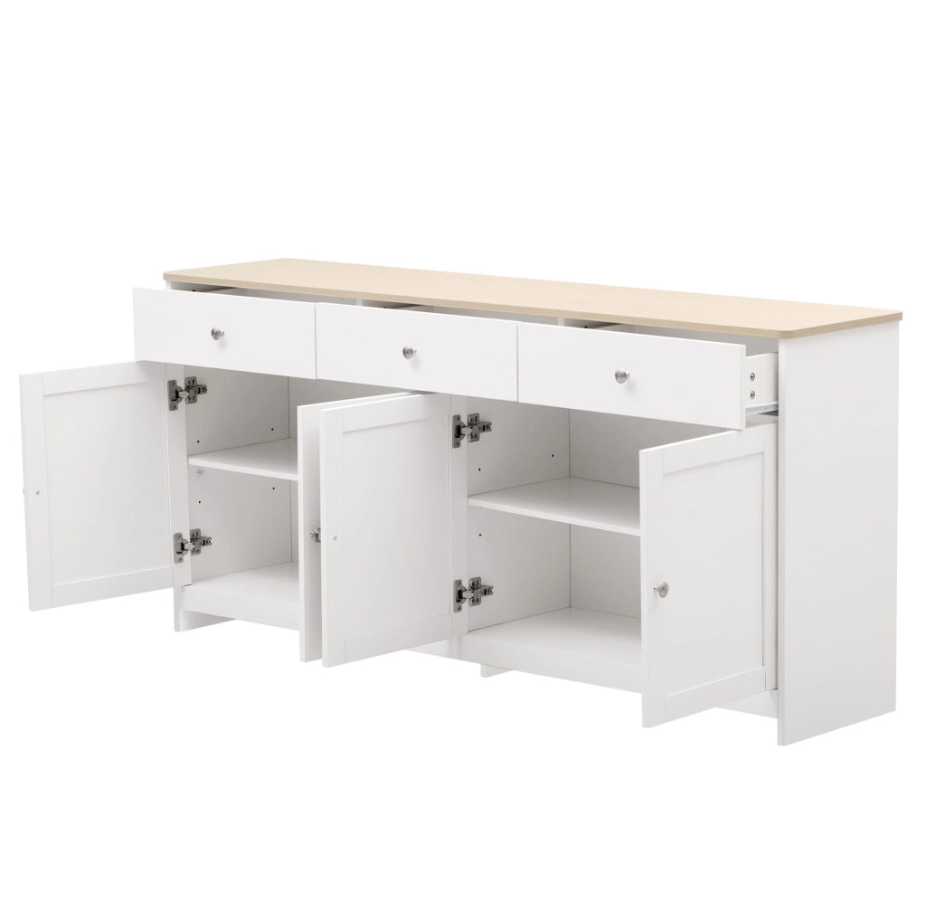 Credenza 160x37x75 cm con 3 cassetti; 4 ante e ripiani regolabili in MDF bianco e naturale