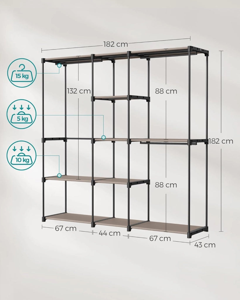 SONGMICS Armadio, Guardaroba Autoportante, con Barre Appendiabiti, Portabiti Ripiani in Tessuto, Struttura in Metallo, 182 x 43 x 182 cm, Talpa RYG037R02