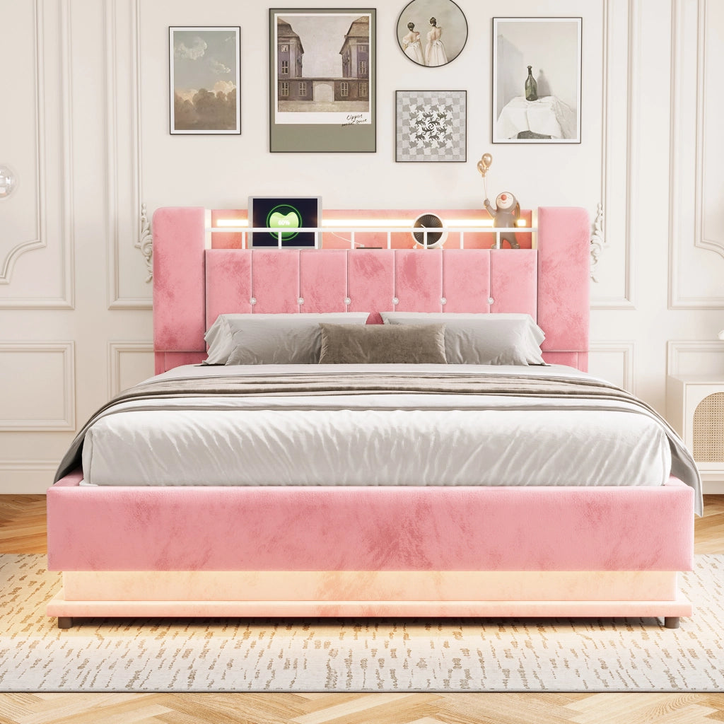 Letto imbottito rosa 160x200 con LED; USB e contenitore idraulico