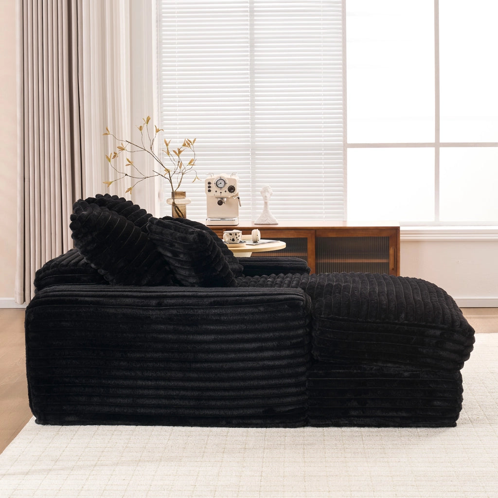 Chaise longue ergonomica con 4 cuscini sfoderabili e braccioli larghi in velluto a coste - nero 165×135×58 cm