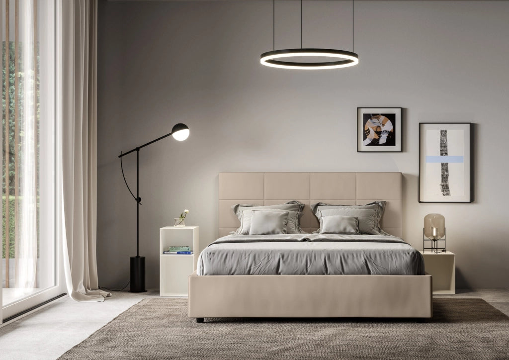 BS COM Letto matrimoniale contenitore doppia alzata imbottito 160x200 similpelle tortora