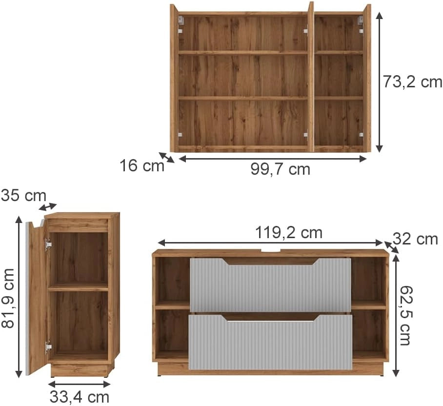 Set di mobili da bagno Lotta, Grigio, 119.2 cm, composto da mobile sottolavabo, specchiera e mobile medio