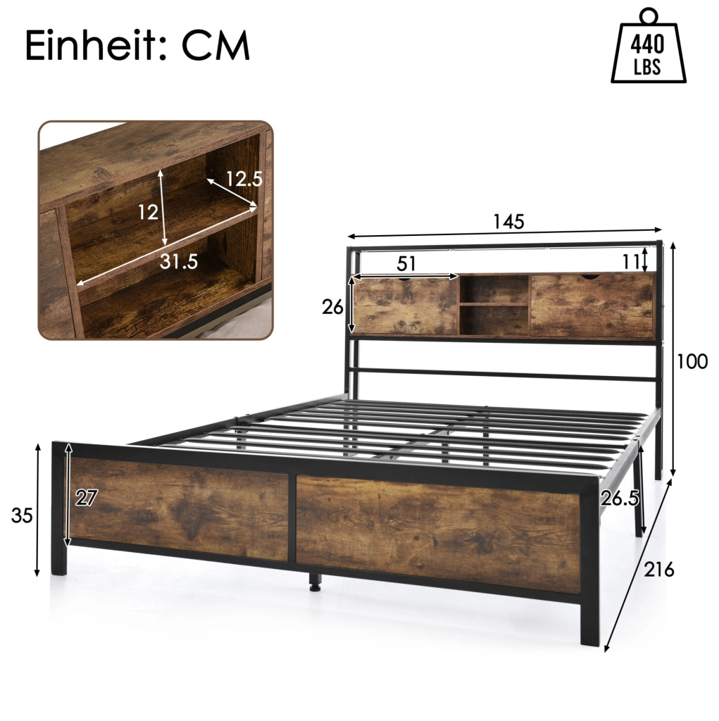 Letto matrimoniale 140x200 cm con testiera contenitore; struttura in metallo e MDF; naturale