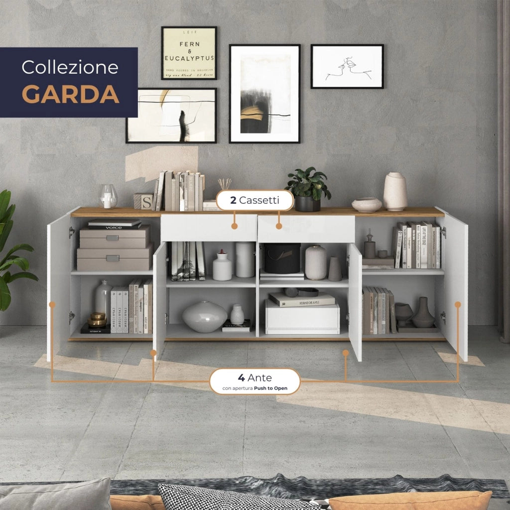 WHOUS Madia Garda a 4 ante e 2 cassetti bianco lucido e rovere 200x35x71 cm