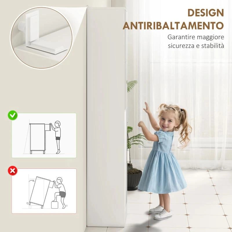 MOBILE COLONNA BAGNO IN LEGNO A 5 RIPIANI CON ANTA A SPECCHIO APRIBILE, 32X28X162 CM, BIANCO