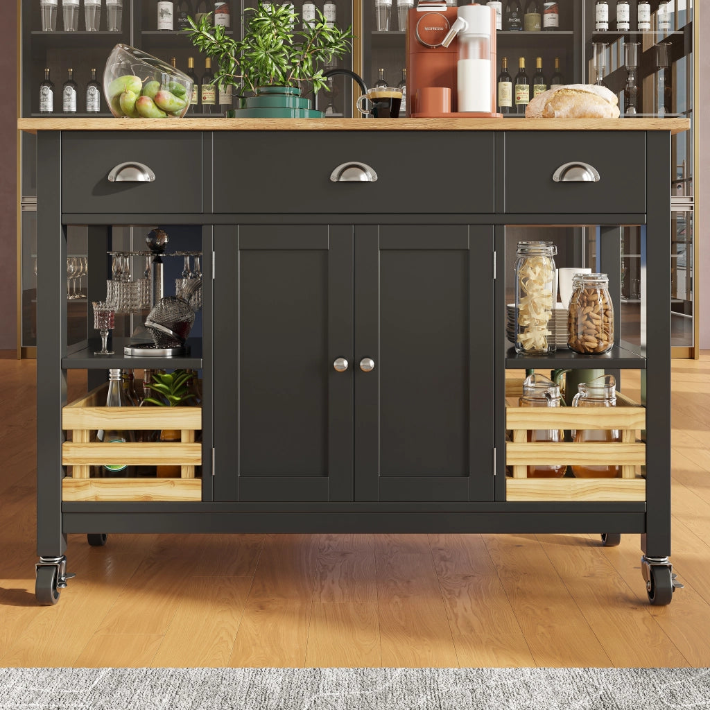 Carrello da Cucina con 1 Cassetto; 1 Anta; Piano Pieghevole e Ruote in MDF 120 x 45 x 90 cm Nero Naturale