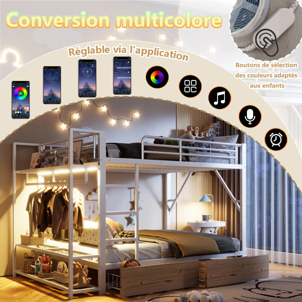 DESMIU Letto a Soppalco 2 Posti con 2 Cassetti, Ripiani e LED Regolabile 140 × 200 cm, Senza Materasso