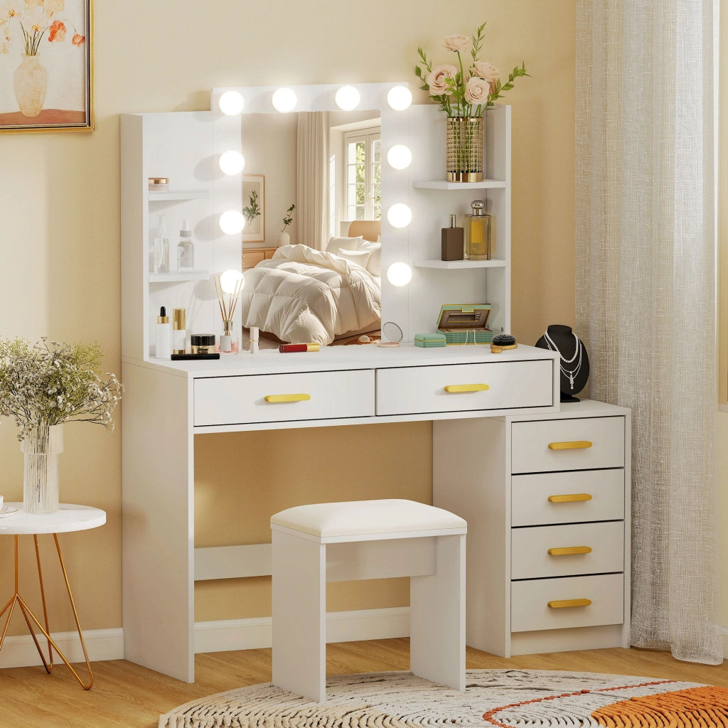 Cassettiera per trucco con specchio illuminato e sgabello imbottito ¨C zephmum ¨C bianco