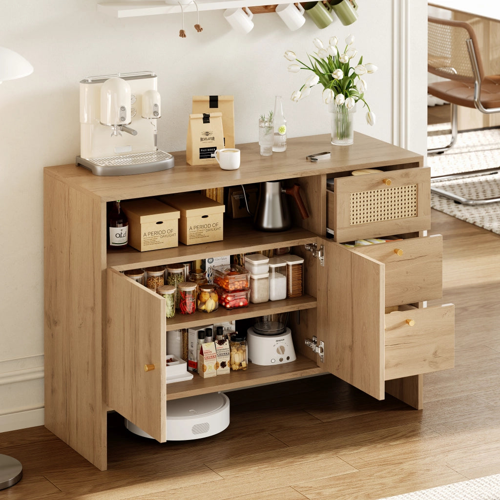 Credenza con 2 Ante e 3 Cassetti in Legno con Rattan ¨C MINIMAL ¨C 105x40x76