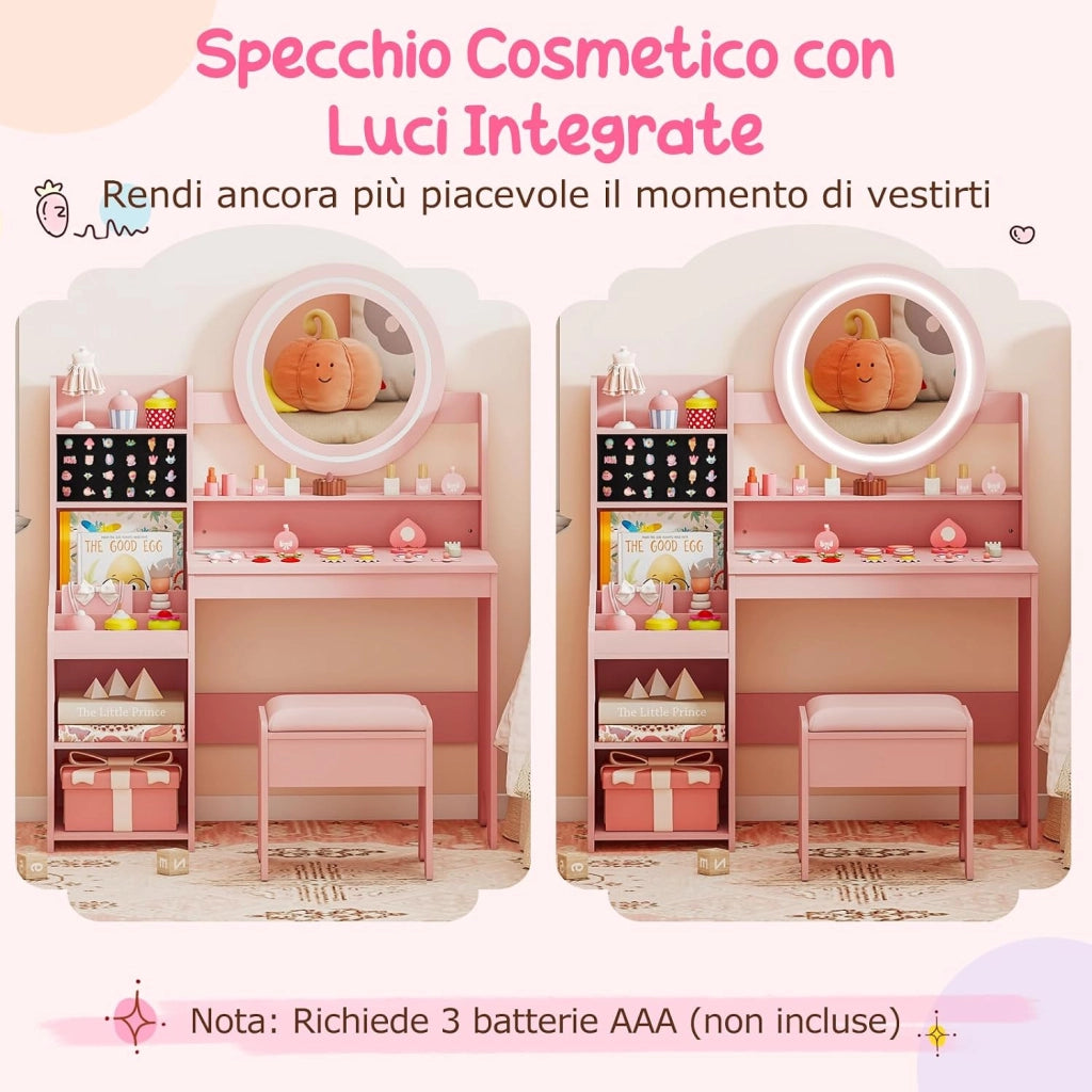 Toeletta Trucco per Bambina con Sgabello, Set Tavolo Trucco in Legno con Specchio Luci LED, Scaffale Aperta, Spazi per Annelli e Sgabello Imbottito, Mobile da Principessa per 3+ Anni (Rosa)