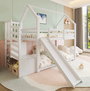 Letto a castello a casetta con scivolo e scala contenitore 90x200 cm; bianco