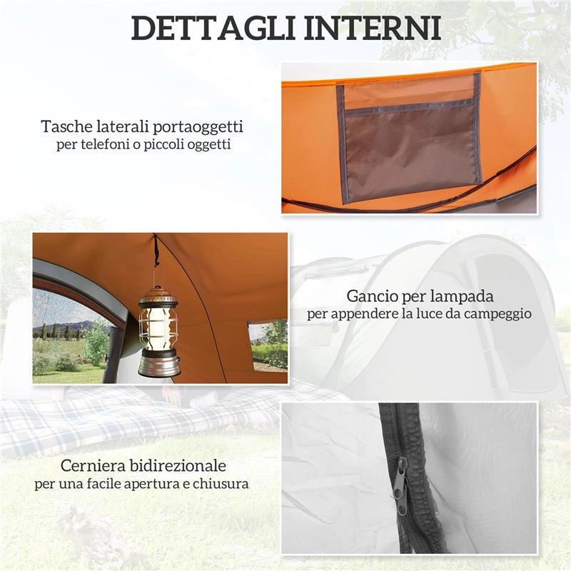 TENDA DA CAMPEGGIO POP UP 2 POSTI CON 2 PORTE, 4 FINESTRE E TELO IMPERMEABILE, 263.5X220X123 CM, ARANCIONE