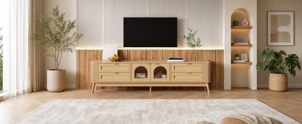 Mobile porta TV con 4 cassetti, 2 ante in vetro temperato, LED con app, in truciolare, naturale, 180 × 40 × 50 cm