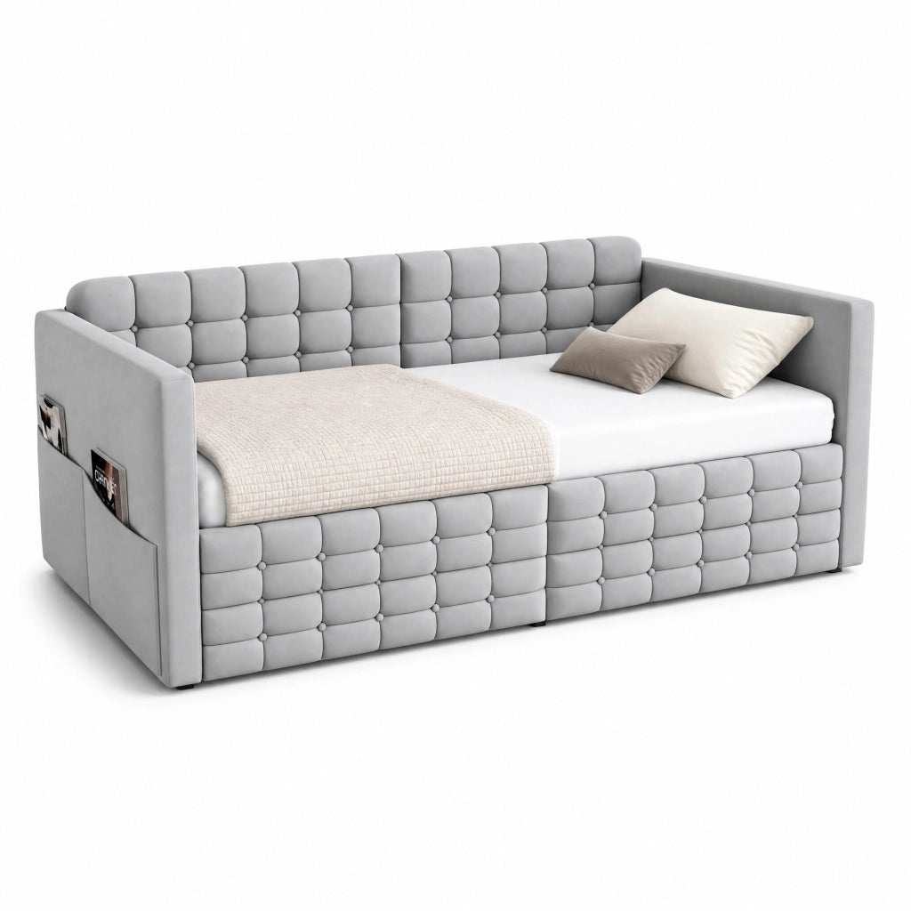 Letto imbottito 90x190 cm con testiera capitonn¨¦, 2 cassetti e tasche laterali, velluto grigio chiaro