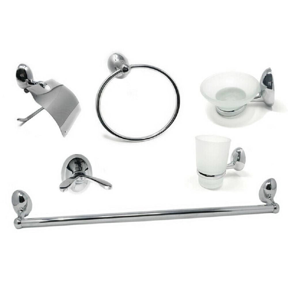 Trade Shop - Set Bagno Moderno Acciaio Cromato Vetro Satinato 6pz Porta Rotolo Sapone 52918 -